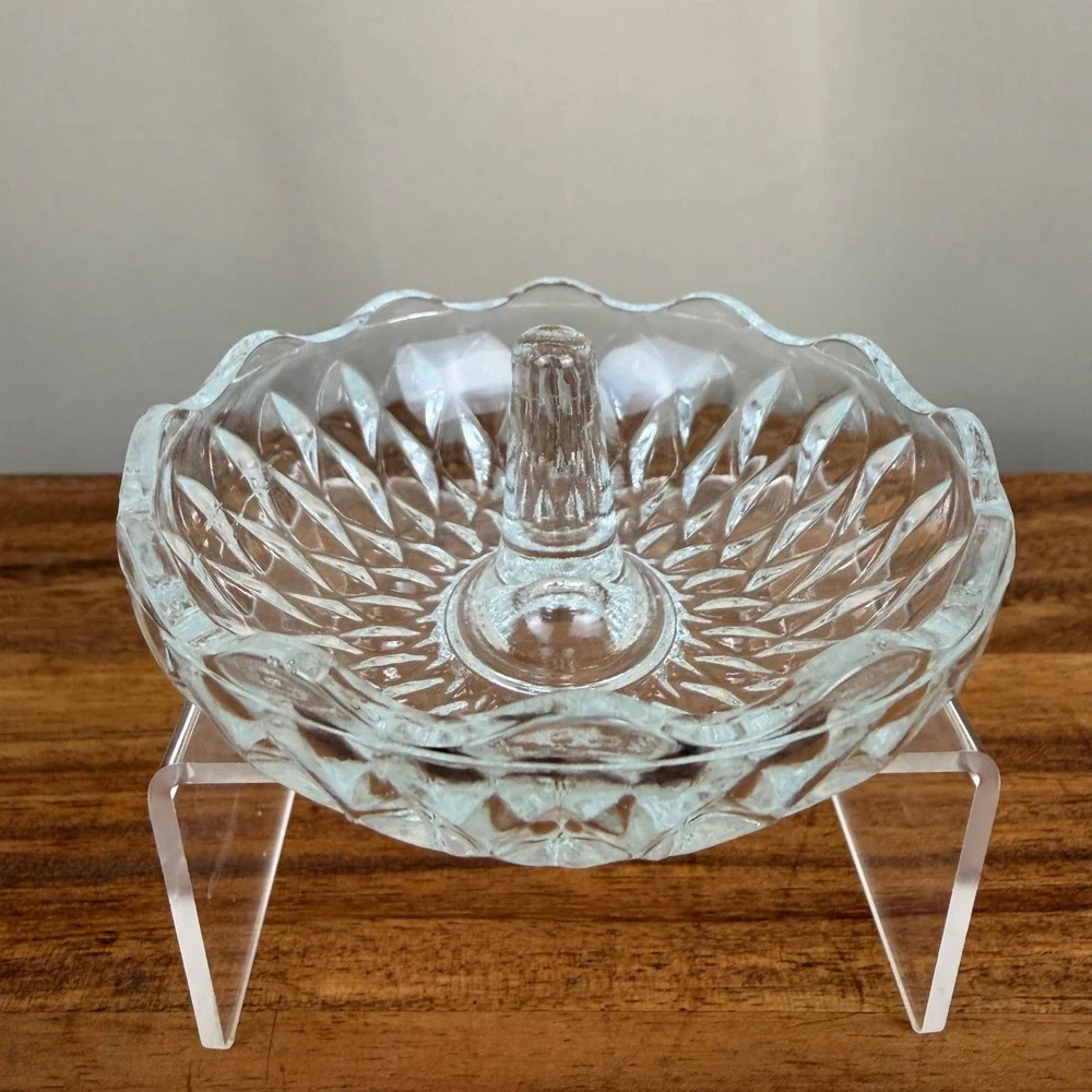 Pressed Glass Vintage Ring Holder Clear Diamond Scalloped Edge Vanity Dish